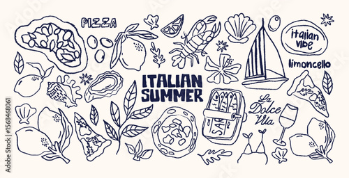 Italian summer stickers in retro cartoon style. Vacation symbols: pizza, wine, lemon, sea. La Dolce Vita concept with summer food and beach leisure. Illustration in hand-drawn linear doodle style.