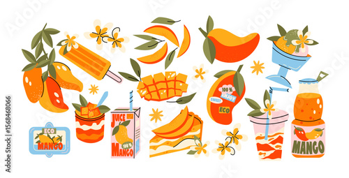 Tropical fruits mango set in retro cartoon style. Juicy compositions: sliced mango, jars, desserts. Exotic fruit collection with leaves and flowers. Illustration in funky, doodle style, trendy set