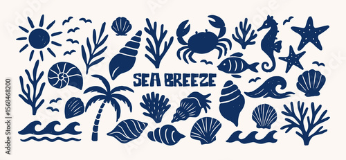 Sea breeze shapes. Marine elements: seashells, seaweed, crab, fish, seahorse, palm tree, waves and starfish. Illustration in funky, doodle style, trendy nautical sticker set in retro cartoon style