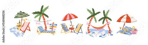 Beach club compositions in retro cartoon style. Summer set: loungers, umbrellas, cocktails, signs, palm trees. Playful seaside lifestyle illustration in funky, doodle aesthetic.