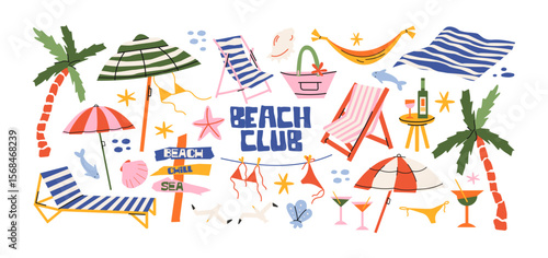 Beach club elements in retro cartoon style. Summer set: loungers, umbrellas, cocktails, signs, palm trees. Playful seaside lifestyle illustration in funky, doodle aesthetic.