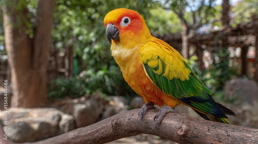 Obraz premium A vibrant, tropical bird with colorful plumage perched on a branch in a lush green outdoor setting, showcasing its striking beauty and playful nature.