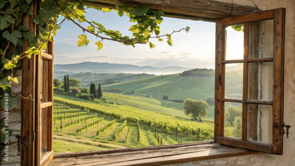 Fototapeta premium Rustic Window View of Vineyard Hills