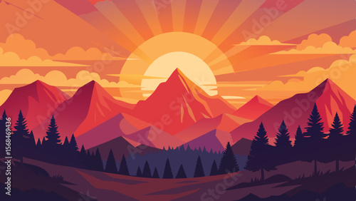 Animated Sunset Over Mountain Landscape with Silhouetted Pines and Orange Sky Hues