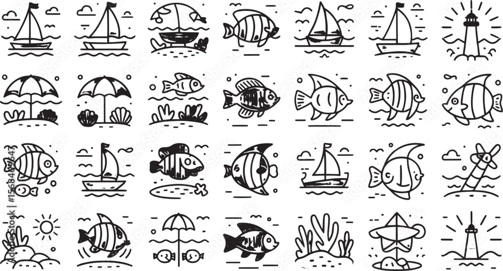 Fototapeta premium Minimal Line Leisure Icon Collection – Summer, Sea Life, and Fishing Activity Set for Travel, Vacation, and Outdoor Adventures