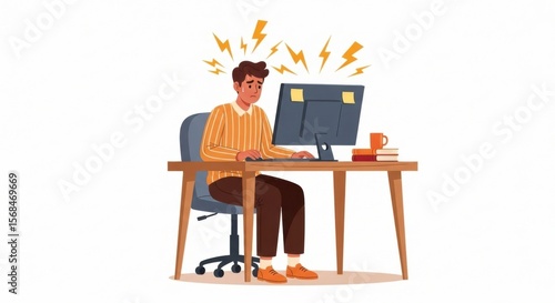 A stressed man works at a computer with lightning above his head