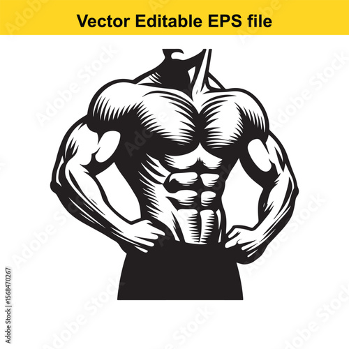 Monochrome Vector Illustration of a Muscular Man's Torso Depicting Strength, Fitness, and Dedication to Bodybuilding and a Healthy Lifestyle