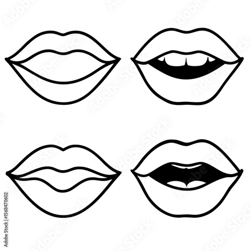 Four Mouths Black Outline lips open mouth