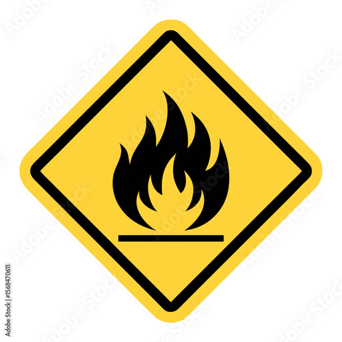 Yellow warning sign with flame symbol hazard symbol