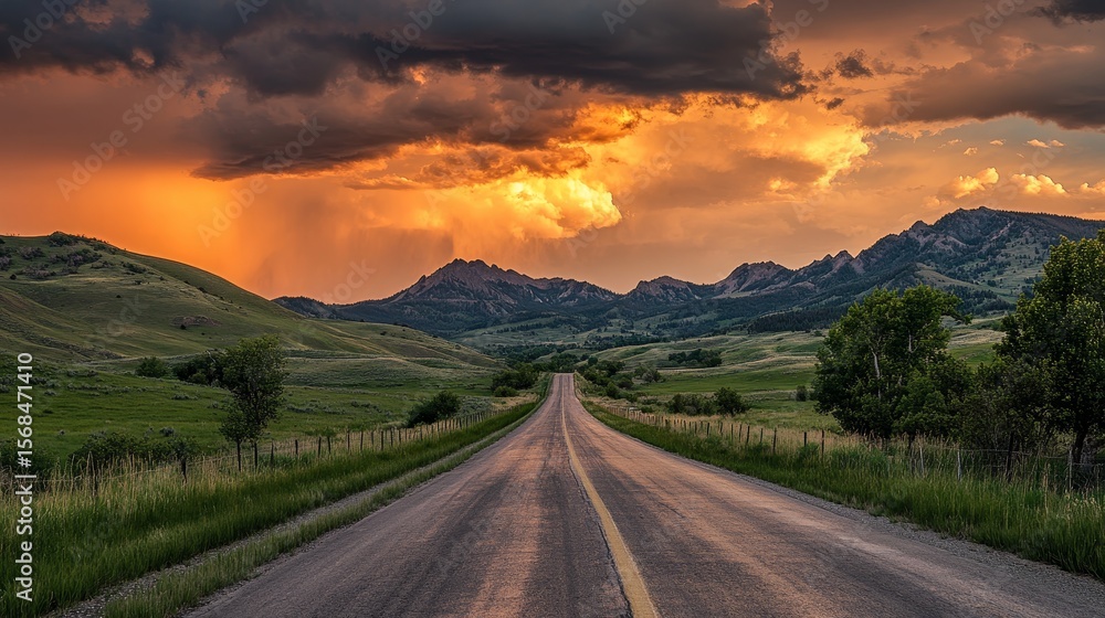 Fototapeta premium A paved road runs through green mountains under a cloudy sunset sky. A scenic outdoor road view. 