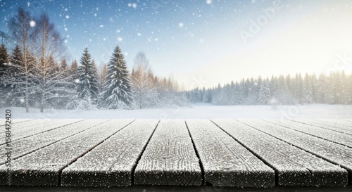 A snowy winter landscape with a wooden table