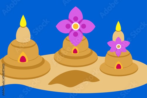 Sand Pagodas With Flowers And Candles On Beach At Night