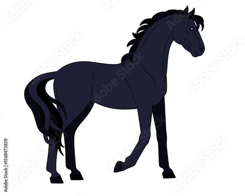 Black horse, domestic animal symbol of 2026 - vector full-color picture. Stallion is a thoroughbred graceful animal with a long tail.
