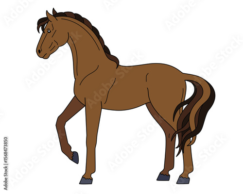 Bay horse, domestic animal symbol 2026 - vector full-color picture. Stallion is a thoroughbred graceful animal with a long tail.