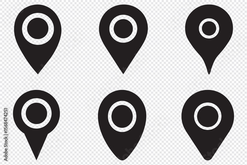 Location pin icon symbol sign isolated on transparent background, map flat vector icons. Flat icon set of location and map pins.
