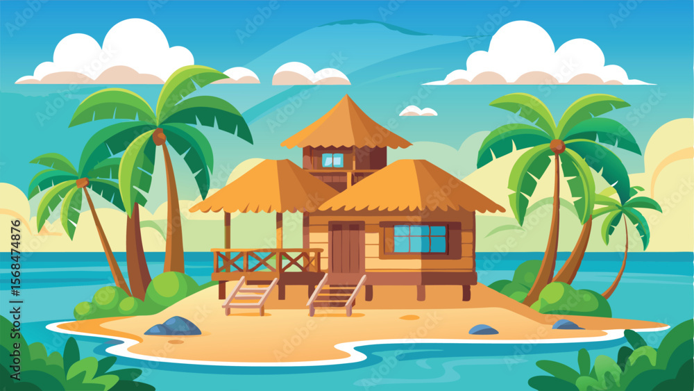 Obraz premium Tropical Island Hut with Palm Trees, Sandy Beach, and Blue Ocean Illustration