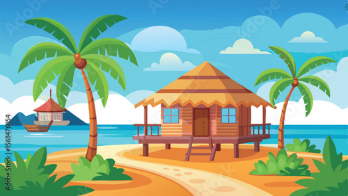 Tropical beach scene with palm trees, thatched hut, ocean, and distant boat illustration