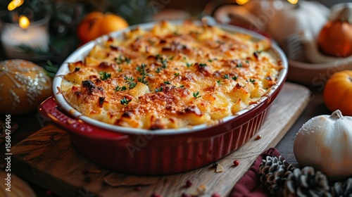 Baked casserole dish topped with cheese and herbs on wooden board, with festive holiday decor background