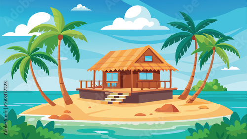 Cartoon Beach House on Tropical Island with Palm Trees and Turquoise Water