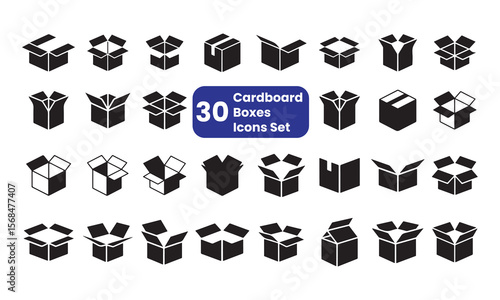30 black cardboard box icons in various open and closed positions.