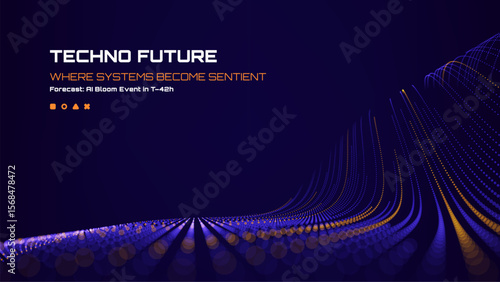 Techno future concept with glowing blue and orange particle lines on a dark background for artificial intelligence.