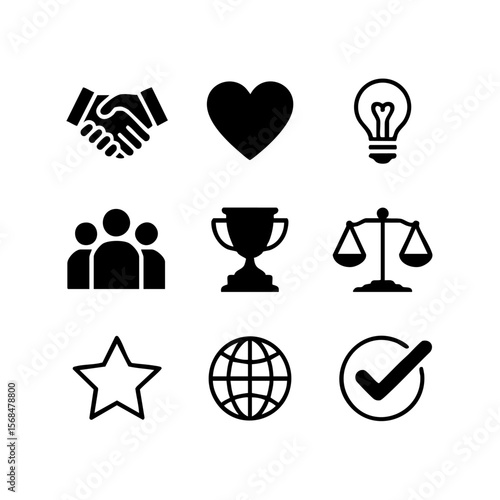 Nine Minimalist Core Values Silhouette Icon Set Transparent png with White Background vector