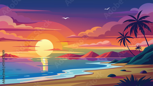 Tropical Beach Sunset with Palm Trees, Birds, and Colorful Sky Illustration