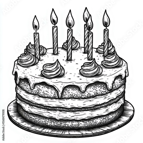 Hand-drawn birthday cake with candles and frosting. A perfect illustration for celebrations, desserts, and party themes.