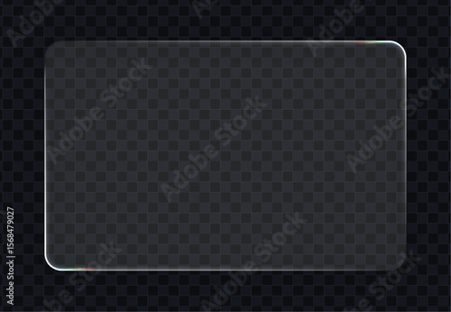 Clear rectangular glass frame effect with rounded corners. Liquid glassy blank texture vector. Screen technology.