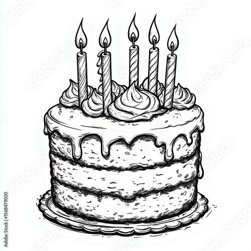 Hand-drawn birthday cake with five candles, rich frosting, and detailed layers, perfect for celebration and party themes.