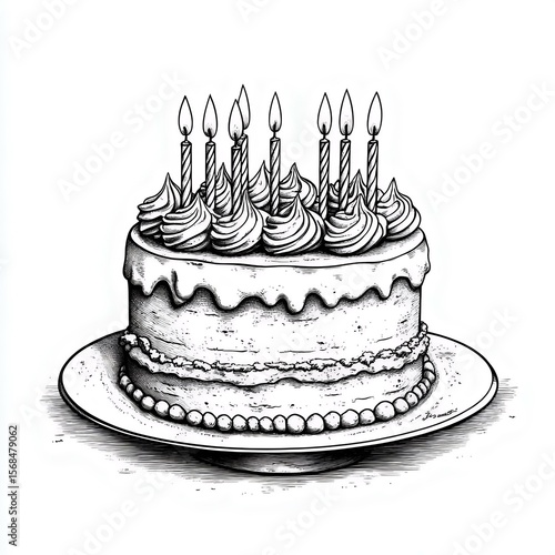 A beautifully illustrated birthday cake with candles, frosting, and decorative details, perfect for celebrations and festive occasions.