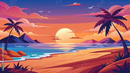 Tropical Beach Sunset Vector Art Palm Trees, Ocean Waves, Colorful Sky
