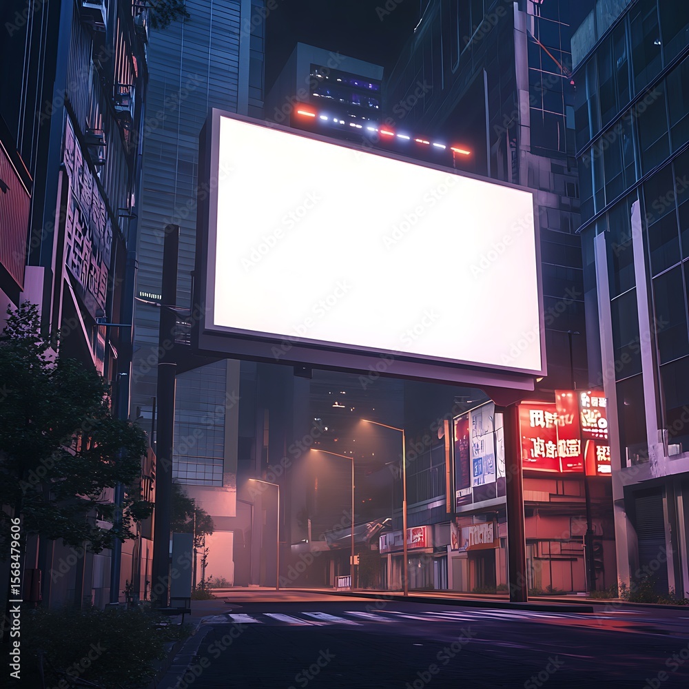 Urban advertising awaits in this metropolitan scene with a vibrant billboard at night, surrounded by modern architecture. Urban advertising awaits in this metropolitan scene with a vibrant billboard at night, surrounded by modern architecture.