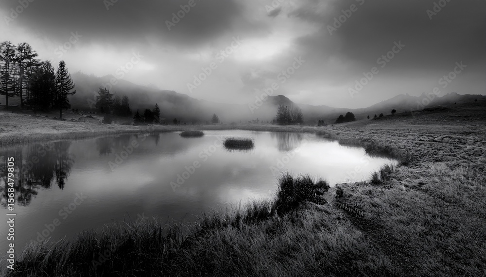 Fototapeta premium mysterious grayscale landscape featuring a dark moody atmosphere with thick fog rolling across a reflective wet surface creating a dramatic atmospheric scene generative ai