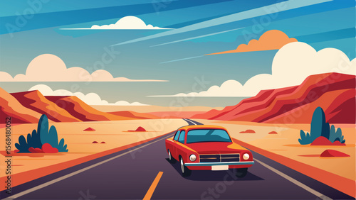 Illustrated Red Car Road Trip Through Desert Landscape Under Blue Sky And Clouds