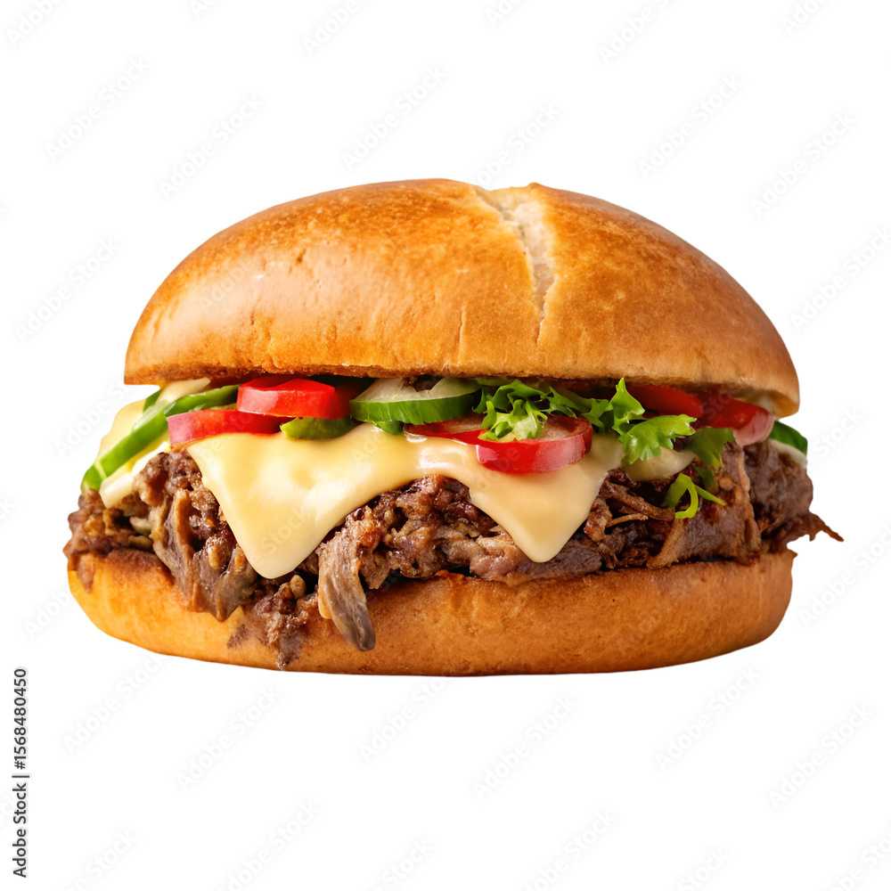 Tender pulled beef sandwich isolated on transparent background with juicy meat and soft bread texture
Tender pulled beef sandwich isolated on transparent background with juicy meat and soft bread texture