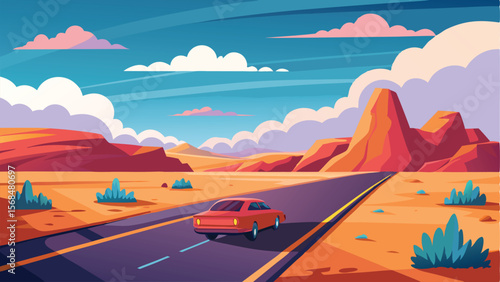 Illustrated Red Car Driving Through Desert Landscape Under Cloudy Sky with Mountains