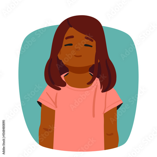 Preschool girl child cartoon character feeling happy showcasing calm emotion on face bubble portrait