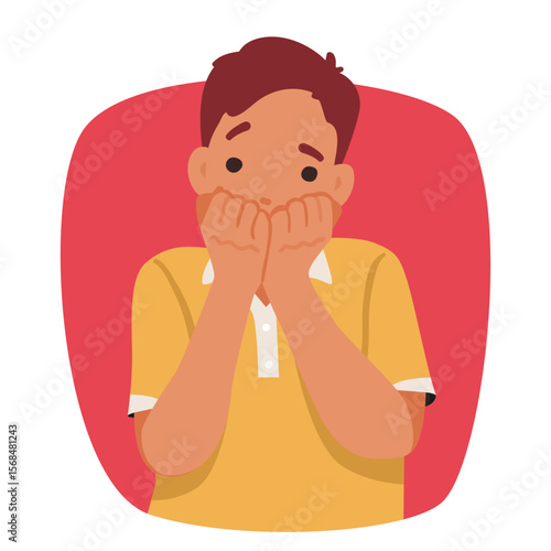 Scared boy child cartoon character covering mouth restraining himself from screaming portrait