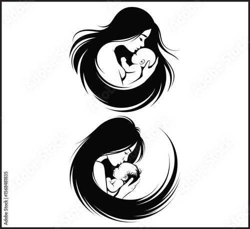 Mother and Child Circular Flowing Silhouette Icons Set Vector Design