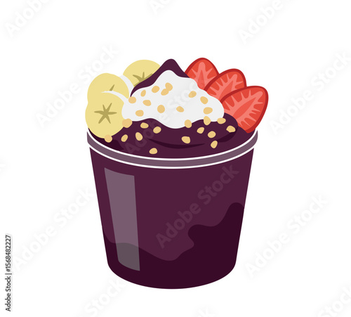 Delicious açaí bowl with banana slices, strawberries, and granola, isolated on white background – healthy Brazilian dessert.