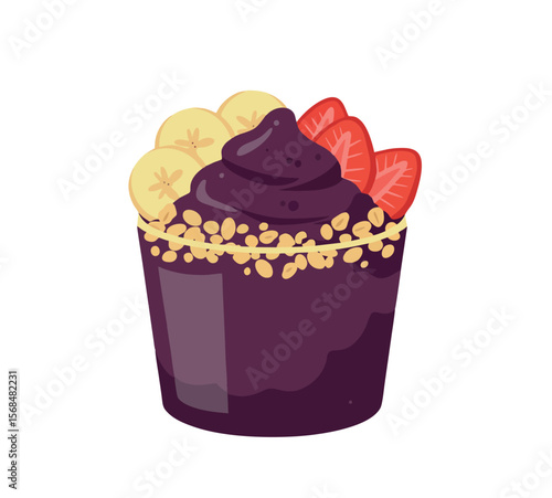 Purple açaí bowl with banana, strawberry, and crunchy granola toppings – flat cartoon-style healthy food concept.