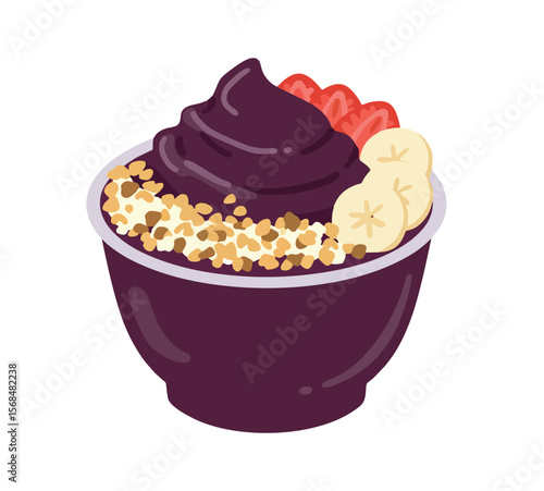 Vector illustration of acai smoothie bowl topped with fresh fruits and granola, perfect for summer and wellness themes.