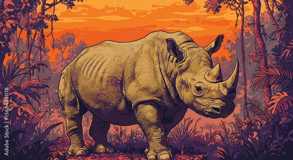 Fototapeta premium A majestic rhinoceros stands amidst a vibrant, sunset-hued tropical landscape.