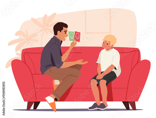 Father with son learning human facial emotions training to recognize reactions and expressions