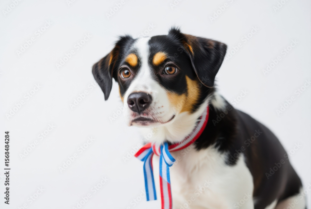 Cute dog wearing red, white and blue ribbon looking away from camera Cute dog wearing red, white and blue ribbon looking away from camera