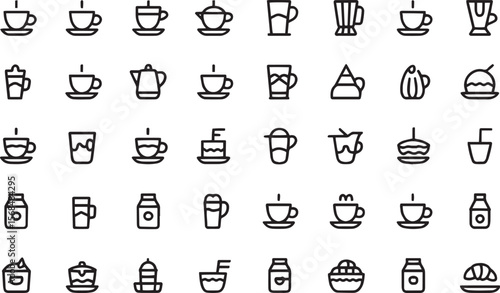 Standard Cafe and Coffee Shop Icon Collection – Minimalist Beverage, Food, and Interior Symbols for Menus, Signage, and Branding

