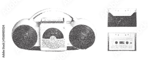 Risograph Print with Photocopy Effect Featuring a Retro Tape Recorder and Audio Cassettes