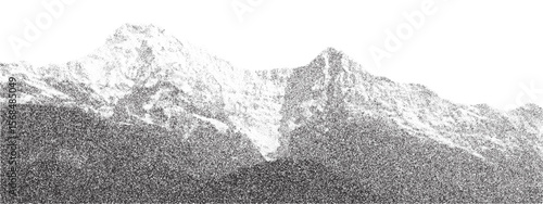 Photocopy Effect Realistic Dotted Illustration of Majestic Mountains with Vintage Halftone