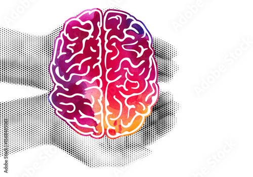 Realistic Halftone Effect Illustration of Hands Holding a Watercolor Painted Brain in